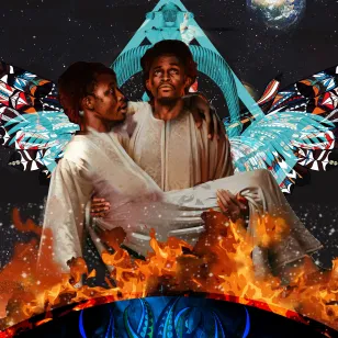 Man carrying person wounded in battle