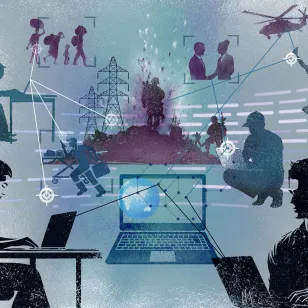 Illustration showing the intersection of technology and warfare. Silhouettes of people use computers and communicate via digital networks while scenes of conflict, including soldiers, civilians fleeing, helicopters, and explosions, appear in the background. Lines and data connections link the figures, symbolizing cyber operations and the impact of digital technology on modern conflict.