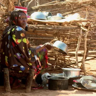 A woman washes dishes in an outdoor area surrounded by wooden fencing, with metal pots and a blue plastic bucket nearby.