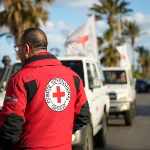 An ICRC staff member wearing a red jacket with the Red Cross emblem stands beside a line of Red Cross vehicles on a coastal road in Lebanon during humanitarian operations amid escalating hostilities.