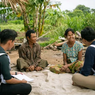 ICRC staff and volunteers sit with two local community members on a mat outdoors in a rural setting