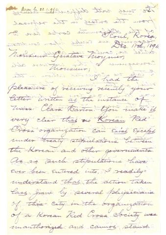 This letter was written by an American medical missionary in Korea named C. C. Vinton (1856-1936) and addressed to Gustav Moynier (1826-1910), the founding member of the ICRC and then president of ICRC. In it, Vinton talks about the difficulties the American Red Cross and foreign missionaries face when conducting relief activities. It appears to be a follow-up to a prior letter from a relief worker in Korea to ICRC, requesting support.
