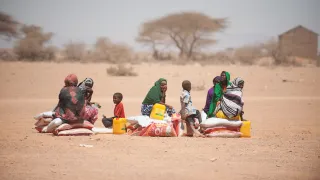  People sitting under the harsh sunlight after a food distribution organized by the ICRC. 