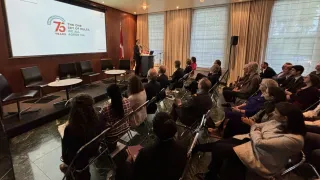ICRC's director general, Pierre Krähenbühl, delivers the keynote speech in front of an audience at the UK Swiss Embassy