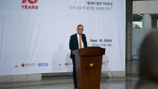 Balthasar Staehelin - the personal envoy of the ICRC president to China and head of the Regional Delegation for East Asia – speaks at the War Memorial of Korea on 10 September, 2024 in Seoul. He was attending an event to celebrate the 75th anniversary of Geneva Conventions and inaugurate the “Digital Dilemmas-Civilians at Heart” exhibition on Geneva Conventions and Digital Dilemmas. Photo by Ha Yong Sik and ICRC