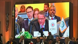 ICRC delegate at conference speaking at microphone
