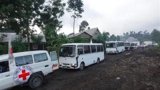 ICRC vehicles and white buses line up