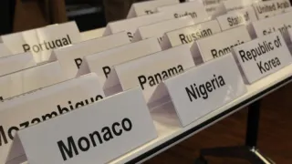 Plaquette of name of states participating in the first phase of state consultations for the Global Initiative for IHL.