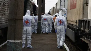 ICRC staff observing a transfer of human remains between Russia and Ukraine in June 2025. 