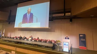 ICRC Vice President Giles Carbonnier stands behind podium delivering statement 