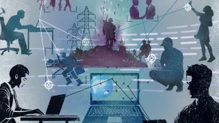 Illustration showing the intersection of technology and warfare. Silhouettes of people use computers and communicate via digital networks while scenes of conflict, including soldiers, civilians fleeing, helicopters, and explosions, appear in the background. Lines and data connections link the figures, symbolizing cyber operations and the impact of digital technology on modern conflict.