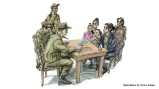 Ilustración de tres hombres armados sentados y hablando con un grupo de civiles que están del otro lado de la mesa.