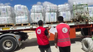 ICRC ERC offloading aid to Gaza in AlArish Egypt