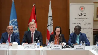 Christine Cipolla, cheffe de la délégation du CICR au Yémen, prononce un discours lors d'une cérémonie de signature à Amman, en Jordanie, suite à un accord entre les parties au conflit au Yémen portant sur la libération, le transfert et le rapatriement des détenus.