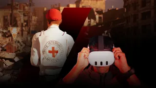 Composite image showing an ICRC staff member in a white vest with the Red Cross emblem, standing with their back to the viewer overlooking a war-damaged urban area, alongside a person lifting a virtual reality headset to their face, separated by a plus sign.