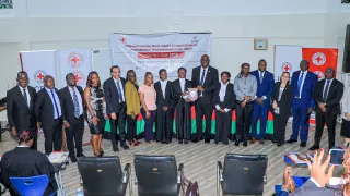 Group photo: In the middle Uganda Christian University students (2026 Winners) receiving their accolade from Justice Mike Chibita of the Supreme Court of the Republic of Uganda on 18 June 2026 at Makerere University, Uganda. Photo Credit: Patrick/URCS