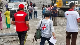 Members of a joint NRCS-ICRC field assesment team visit the Nuwakat Camp in Nuwakat, Nepal to assess gaps in RFL and MotD, hospital records, missing-person information, response operations and conditions on August 30, 2026.  The camp is holding residents from Nuwakot district affected by the recent flash floods that struck the region. 