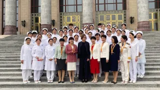 Mirjana Spoljaric, ICRC President, in front of the Great Hall of the People with the Chinese nurses who were awarded 2023 Florence Nightingale Medals. 5 September 2024.
