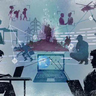 Illustration showing the intersection of technology and warfare. Silhouettes of people use computers and communicate via digital networks while scenes of conflict, including soldiers, civilians fleeing, helicopters, and explosions, appear in the background. Lines and data connections link the figures, symbolizing cyber operations and the impact of digital technology on modern conflict.