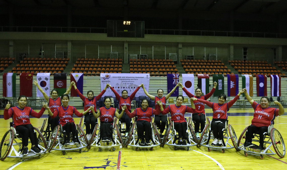 Cambodian women’s wheelchair basketball team celebrate their victory over the Laotian team at the International Wheelchair Basketball Federation (IWBF) Asia Oceania Zone Championship held in Bangkok, Thailand. The team won silver medal in the 3x3 event and secured the sixth place in the 5x5 event. Photo: Pattarachai PREECHAPANICH/ICRC