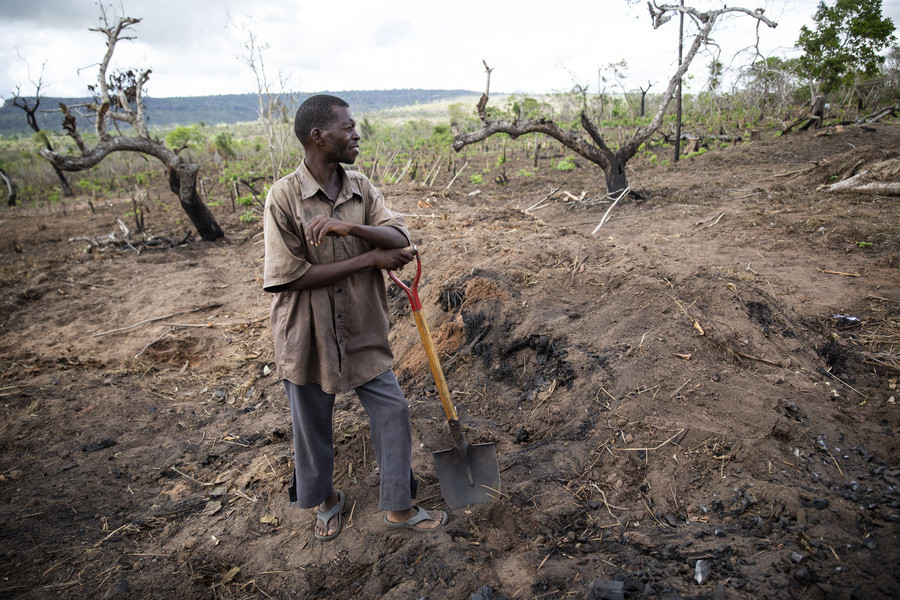 Mussa Alfane começou a fazer carvão para ganhar a vida depois que a violência em torno da cidade de Macomia o impossibilitou de viajar aos seus campos para cultivar. Crystal WELLS/ICRC