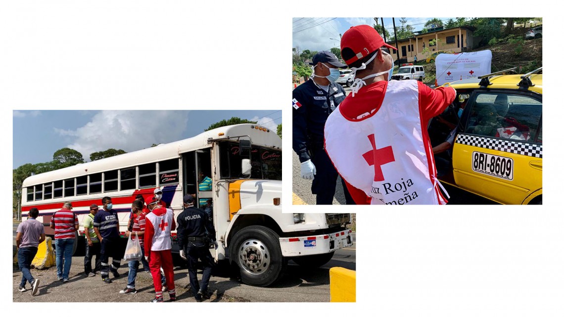 PRC volunteers check the temperature of those passing through the Colón checkpoint in Panama. Photos: Giuseppe RENDA / ICRC