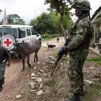 Northern Cauca, Colombia: Colombian Army soldiers patrol a civilian area. 
