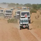 In Sudan, 2006, an ICRC convoy travels between Gereida and Al Fasher.