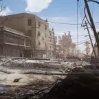 A virtual reality showing a street view of devastated ruins.