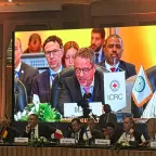 ICRC delegate at conference speaking at microphone