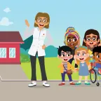 Una ilustración de una escuela, con una profesora y niñas y niños al lado de la escuela.