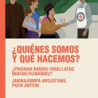 Folleto "¿Quiénes somos y qué hacemos?", muestra el dibujo de una familia dando la mano a un trabajador del CICR.