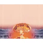 Stylized image of a mushroom cloud rising over a devastated cityscape, blending orange and pink tones with a grainy texture. The foreground depicts the fiery explosion of a nuclear bomb, while the background shows a monochrome, war-torn landscape with scattered figures and rubble. 