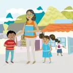 Ilustración que muestra a una mujer con una carpeta en la mano, rodeada de niños