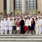 Mirjana Spoljaric, ICRC President, in front of the Great Hall of the People with the Chinese nurses who were awarded 2023 Florence Nightingale Medals. 5 September 2024.