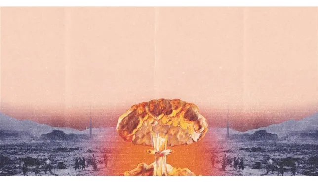 Stylized image of a mushroom cloud rising over a devastated cityscape, blending orange and pink tones with a grainy texture. The foreground depicts the fiery explosion of a nuclear bomb, while the background shows a monochrome, war-torn landscape with scattered figures and rubble. 