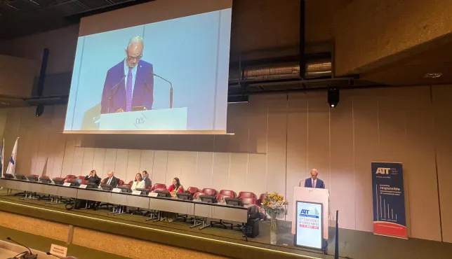 ICRC Vice President Giles Carbonnier stands behind podium delivering statement 
