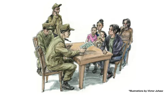 Ilustración de tres hombres armados sentados y hablando con un grupo de civiles que están del otro lado de la mesa.