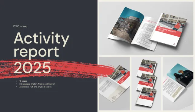 Mockups of the 'Activity Report, Iraq 2025,' showing a professional design with the title prominently displayed on the cover.
