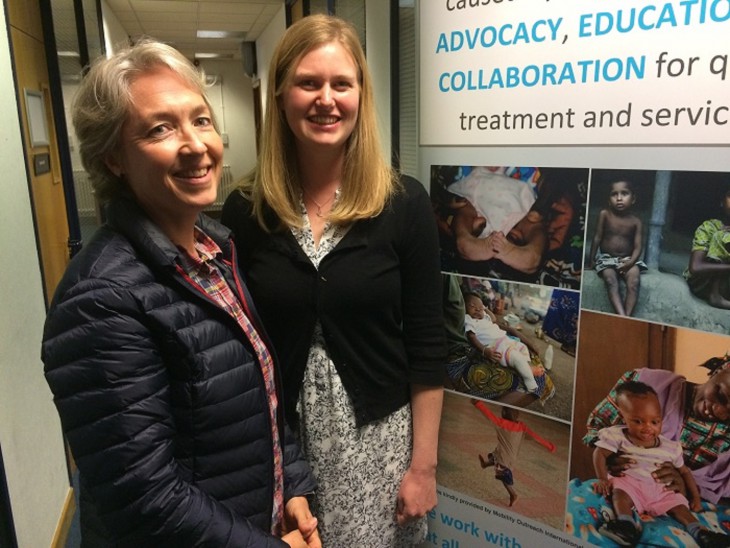 (ICRC physiotherapist Barbara Rau, left, and Rosalind Owen from the Global Clubfoot Initiative) 