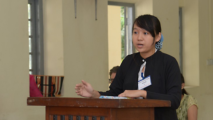 Aye Thu Thu Thant from Yangon University speaks during the final round of the competition.